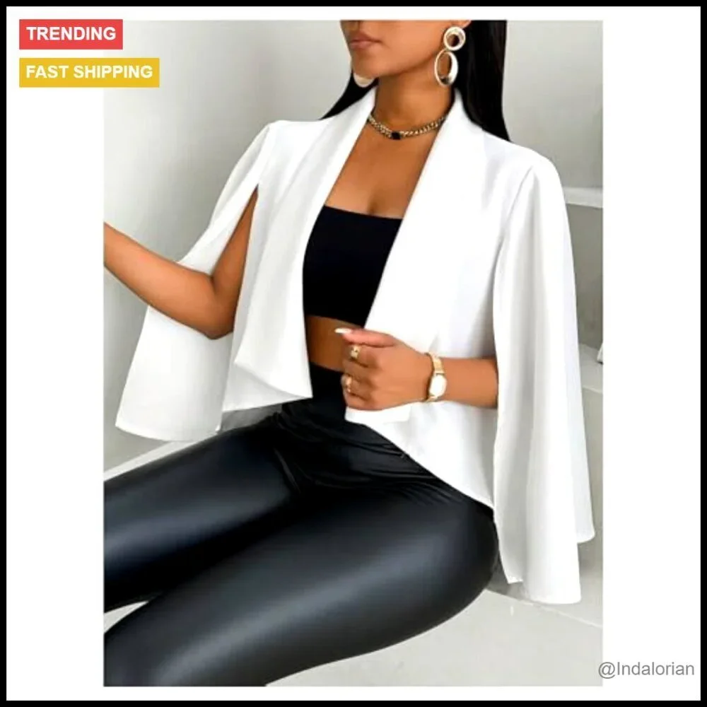 Cape Sleeve Cropped Blazer Elegant Trendy Open Front Slim Fit Cardigan Coat